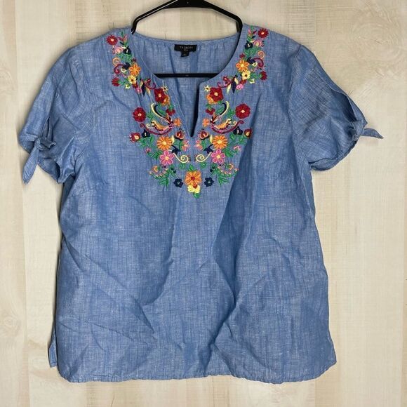 Talbots denim chambray‎ short sleeve embroidered top blouse, size medium petite - Picture 1 of 16